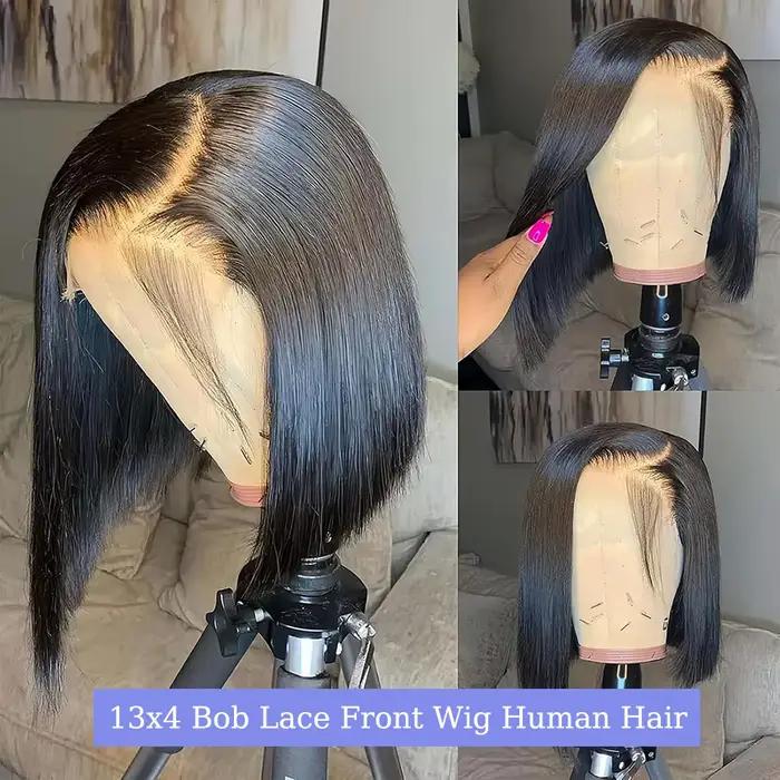 Perruque Bob Lace Frontal Wig naturelle, cheveux courts, lisses, 13x4, 100% cheveux humains, pre-plu