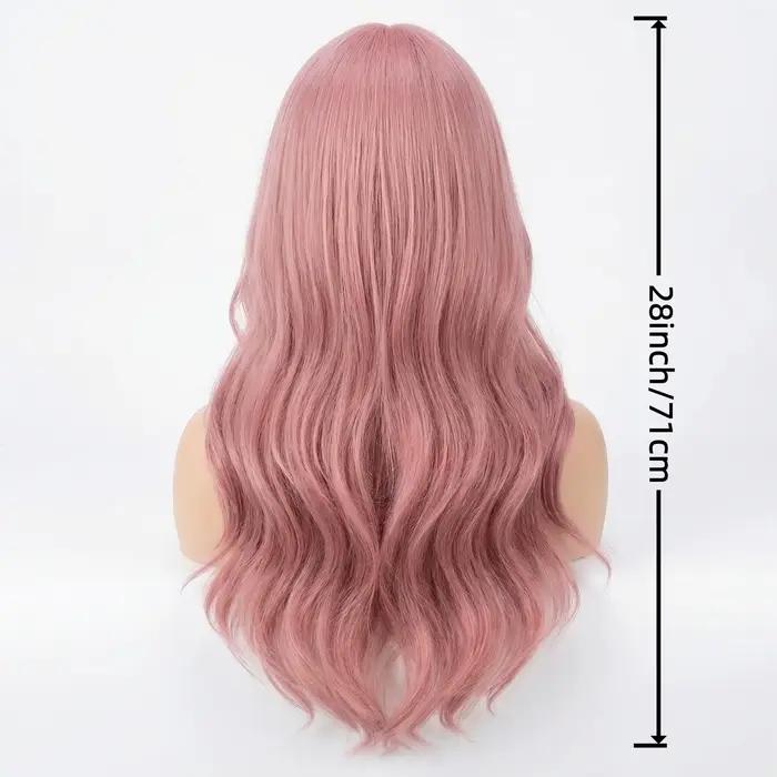 Perruque longue bouclée rose de 28 pouces, perruque synthétique pour femme, franges droites rose fon