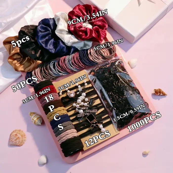 Ensemble d'accessoires pour cheveux foncés pour femmes, 1085 pièces, porte-queue de cheval sans cout