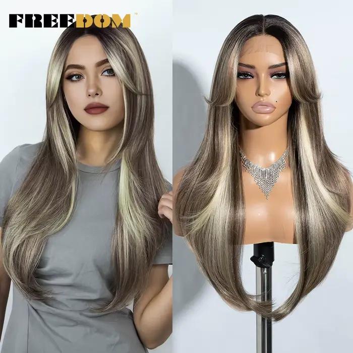 FREEDOM – perruque Lace Front Wig synthétique lisse avec frange, 26 pouces, perruque de Cosplay ombr