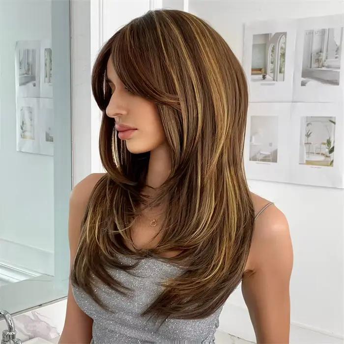 Perruque synthétique tendance pour femme avec cheveux bouclés mi-longs à reflets pour cosplay d'Hall