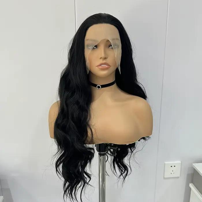 Perruques Lace Front synthétiques noires pour femmes, cheveux longs, corps ondulé, fibre de degré de