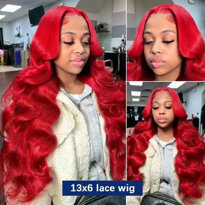 Perruque Lace Frontal Wig Body Wave brésilienne naturelle, cheveux humains Hd, couleur rouge vif, 13