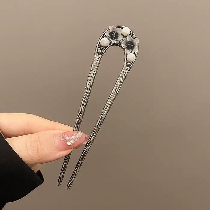 Bâtons de cheveux à fleurs élégantes, fourchettes en alliage, pinces à cheveux, chaîne de perles, pe