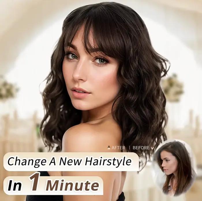Perruque Synthétique Bouclée et Ondulée avec Frange pour Femme, Cheveux Bruns Naturels