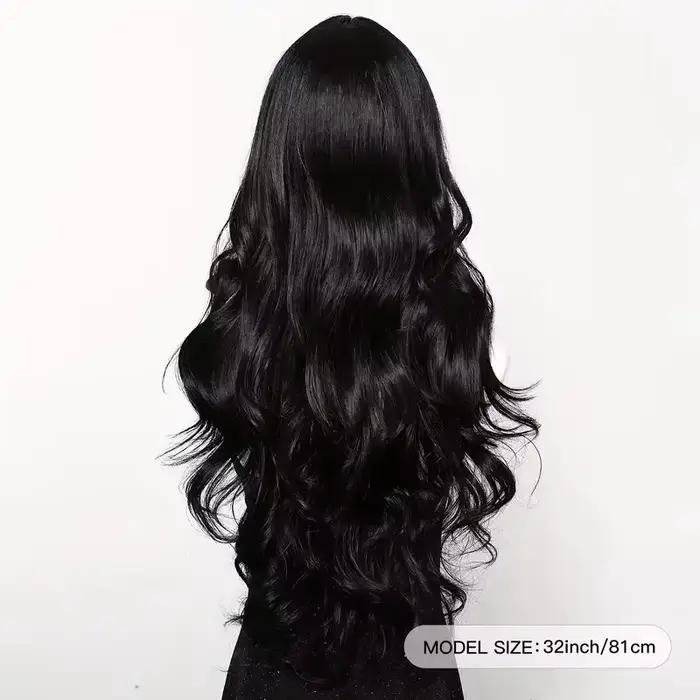 Perruque synthétique noire avec coiffure longue ondulée séparée pour fête, cosplay d'Halloween, usag