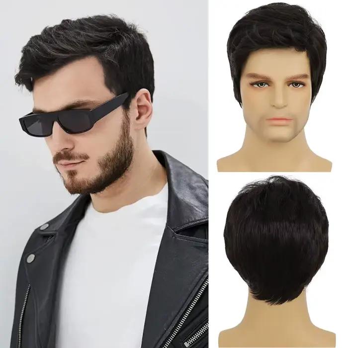 Perruques noires pour hommes, partie latérale courte, couches naturelles, perruque synthétique moell