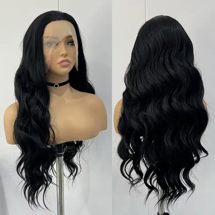Perruques Lace Front synthétiques noires pour femmes, cheveux longs, corps ondulé, fibre de degré de