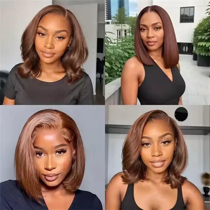 Perruques Bob Courtes Lisses Marron Chocolat 13x4 en Cheveux Humains avec Dentelle Frontale Transpar