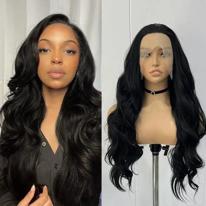 Perruques Lace Front synthétiques noires pour femmes, cheveux longs, corps ondulé, fibre de degré de