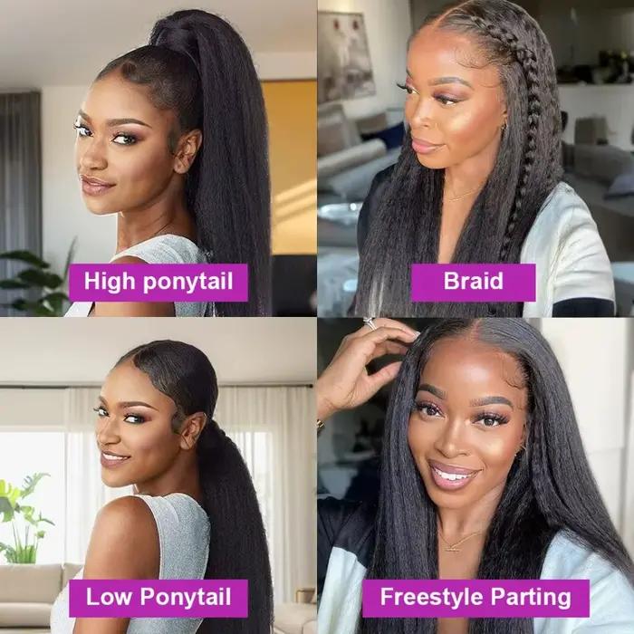 Perruques frontales 360 HD Lace Kinky Straight en cheveux humains brésiliens, densité 220, noires, p