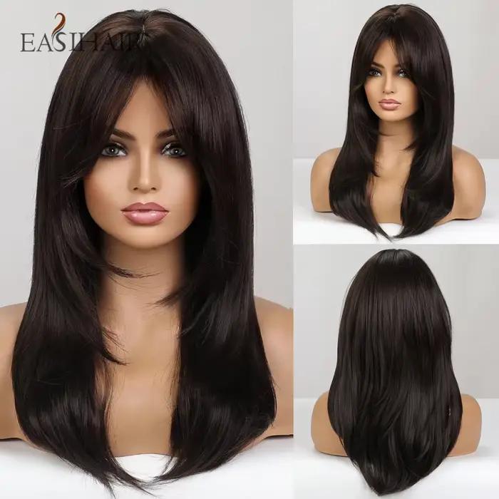 EASIHAIR – perruques synthétiques noires marron foncé avec frange, cheveux naturels mi-droits en cou