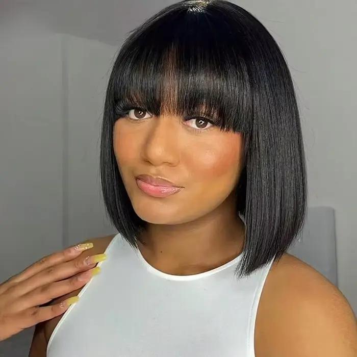 3X1 Middle Part Lace Wig Bob Wigs Full Machine Made Bone Straight Human Hair Wigs With Bangs Short B