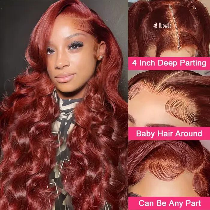 Perruque Lace Front Wig Body Wave Naturelle, Cheveux Humains, Couleur Rouge Brun HD, 13x4, 13x6, 4x4
