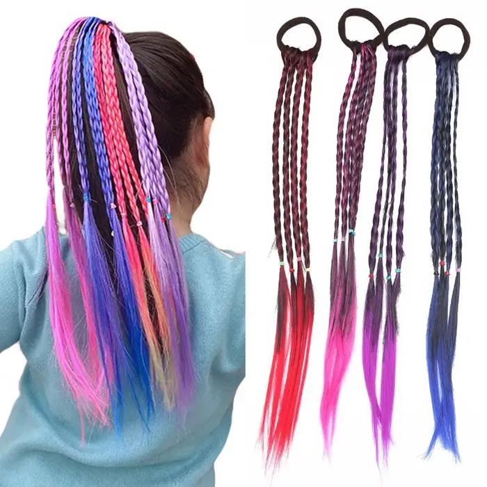 Extensions capillaires synthétiques tressées colorées pour filles, avec bandes en caoutchouc, postic