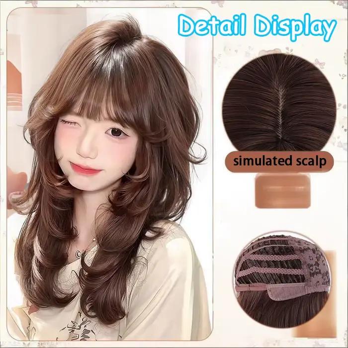 Perruque synthétique Style Lolita avec frange, cheveux longs bouclés, Fibers haute température, pour