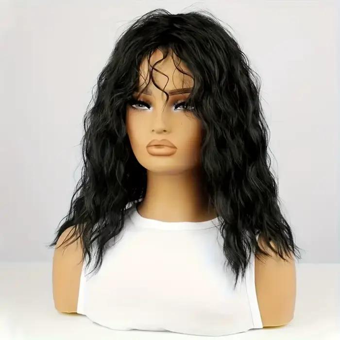 Perruques bouclées noires avec frange pour femmes, perruque synthétique longue bouclée et ondulée de
