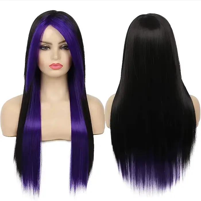 HAIRJOY cheveux synthétiques longs rouge noir droite résistant à la chaleur côté frange Halloween Co