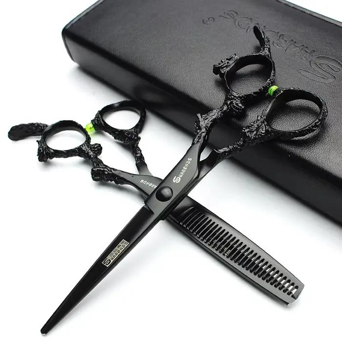 Sharonds-Ciseaux de Coupe Professionnels en Acier 440c, 6/7/8 Argent, Manche Dragon Noir, pour Salon