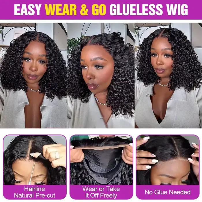 Perruque Lace Front Wig naturelle brésilienne bouclée sans colle, cheveux courts, 13x4, Deep Water W