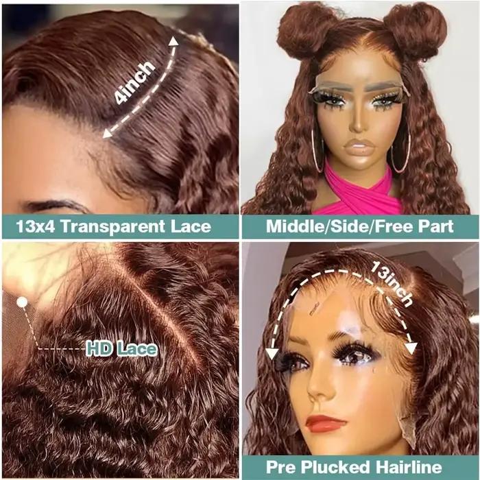 Perruques bouclées profondes cheveux humains brun chocolat 13x4 13x6 Hd dentelle frontale perruque c