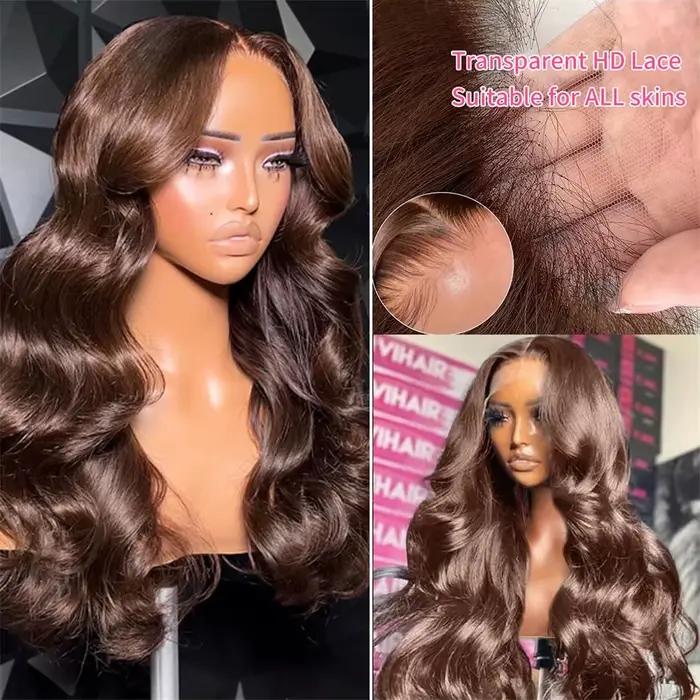 Perruque Lace Front Wig Body Wave naturelle, cheveux naturels, brun chocolat, Transparent HD, 13x6, 