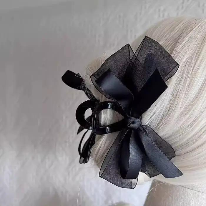 Pince à cheveux avec nœud en maille noire ultra-fantasy, pour l'arrière de la tête, pour cheveux épa