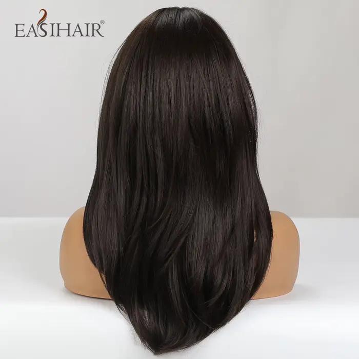 EASIHAIR – perruques synthétiques noires marron foncé avec frange, cheveux naturels mi-droits en cou