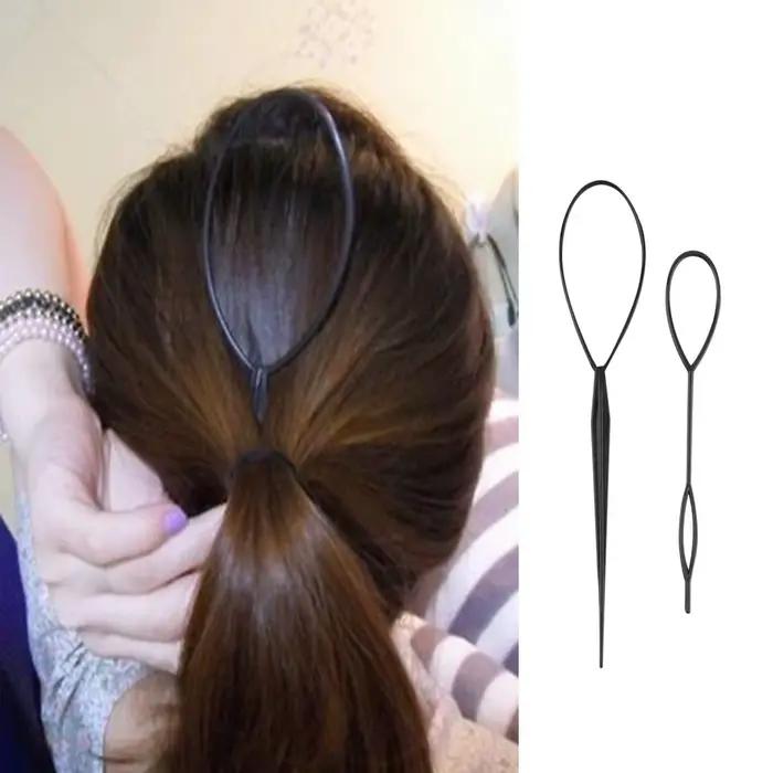 1 ensemble (2 pièces) d'outils de coiffure en plastique noir pour queue de cheval, pince à cheveux t