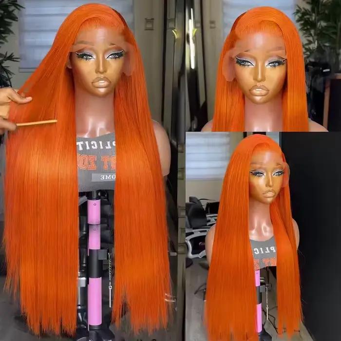 350 gingembre Orange droite perruques de cheveux humains 13X4 Hd dentelle frontale perruques 250% de