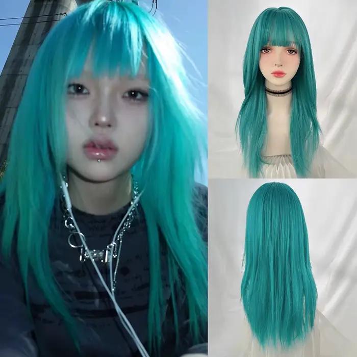 Perruque synthétique longue et lisse avec frange pour femmes, perruque de Cosplay Lolita moelleuse r
