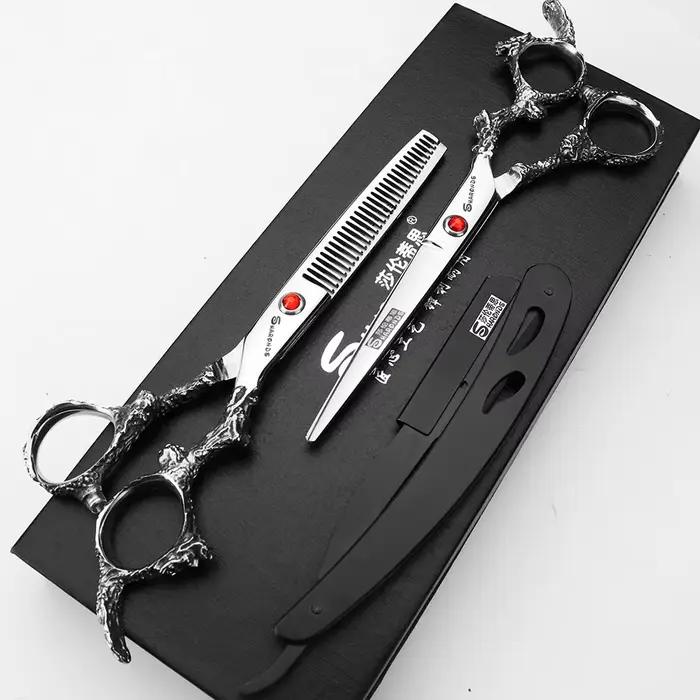 Sharonds-Ciseaux de Coupe Professionnels en Acier 440c, 6/7/8 Argent, Manche Dragon Noir, pour Salon
