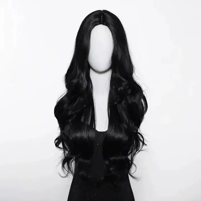 Perruque synthétique noire avec coiffure longue ondulée séparée pour fête, cosplay d'Halloween, usag