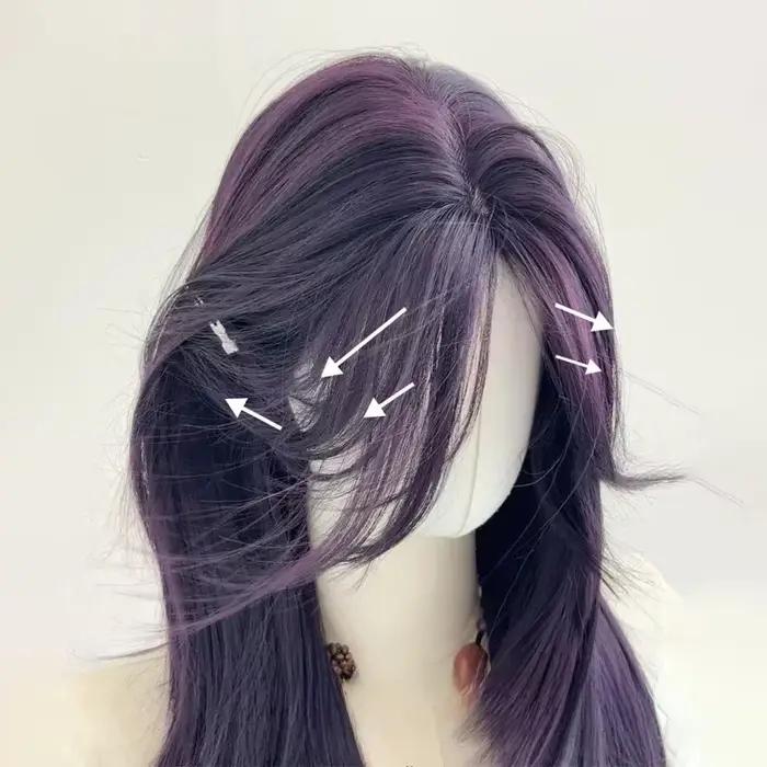 Ashely Perruque violet foncé femme 22 pouces cheveux longs rideau frange couches Nature cheveux raid