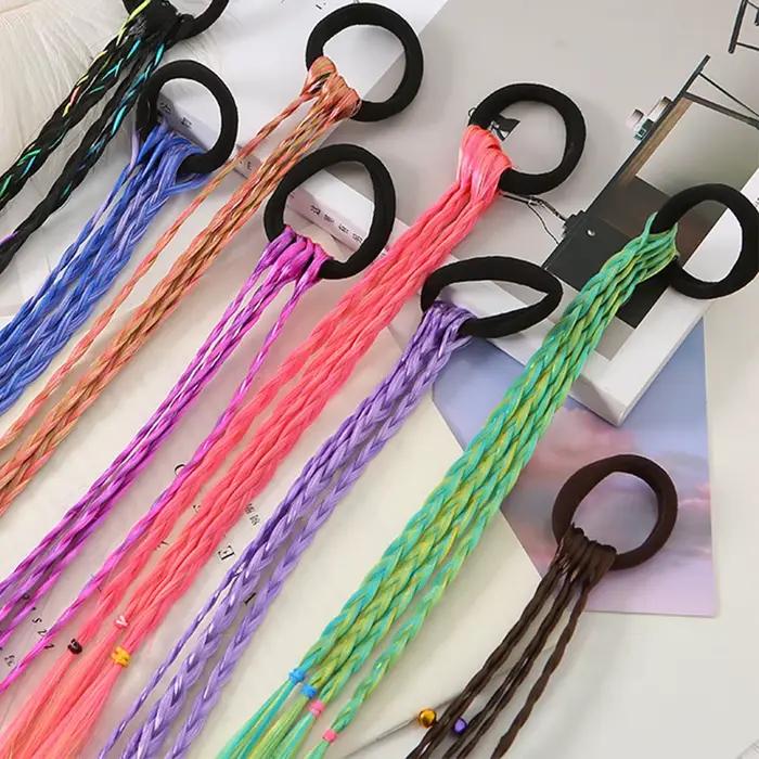Extensions capillaires synthétiques tressées colorées pour filles, avec bandes en caoutchouc, postic