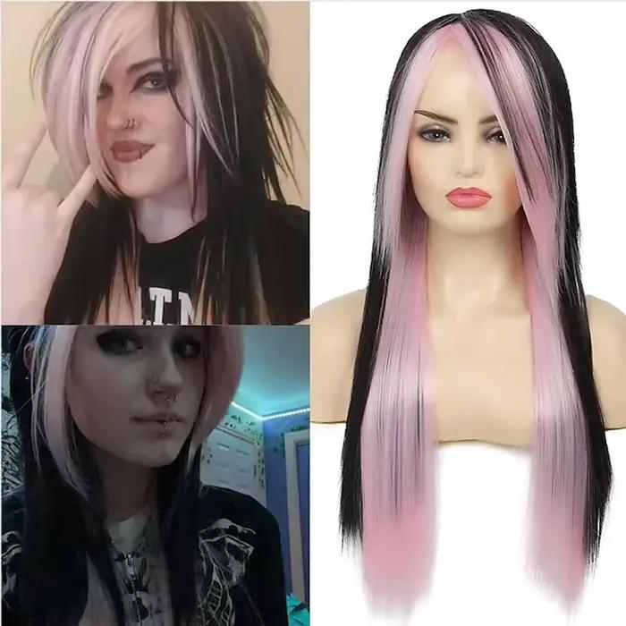 HAIRJOY cheveux synthétiques longs rouge noir droite résistant à la chaleur côté frange Halloween Co