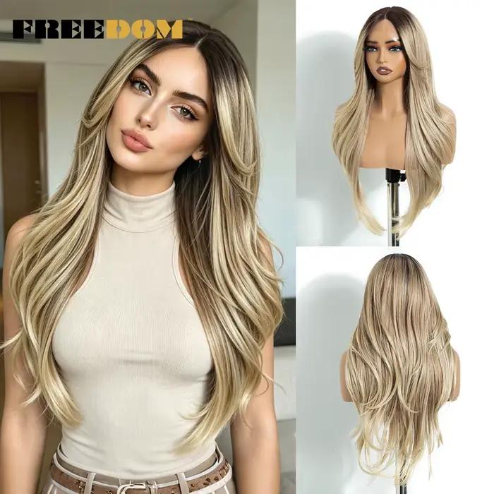 FREEDOM – perruque Lace Front Wig synthétique lisse avec frange, 26 pouces, perruque de Cosplay ombr