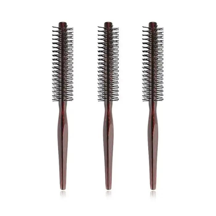 Peigne à cheveux bouclés, mini brosse ronde en nylon avec manche en bois pour cheveux fins ou courts