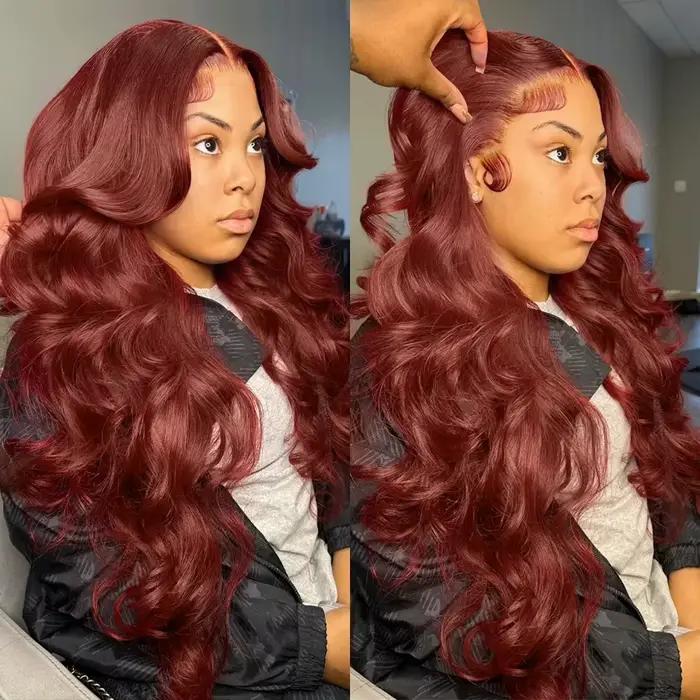 Perruque Lace Front Wig Body Wave Naturelle, Cheveux Humains, Couleur Rouge Brun HD, 13x4, 13x6, 4x4