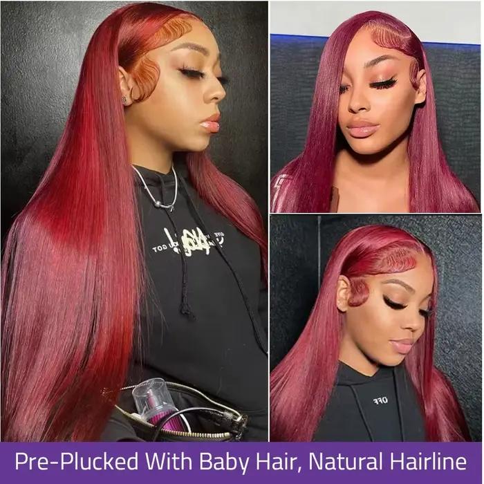 99J rouge bordeaux couleur dentelle frontale perruques de cheveux humains 13X6 HD droite dentelle av