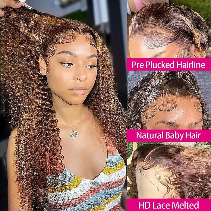 Perruques en cheveux humains bouclés brun miel 4/27, densité 250, avec dentelle frontale 13x4, 40 po