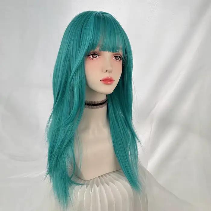 Perruque synthétique longue et lisse avec frange pour femmes, perruque de Cosplay Lolita moelleuse r