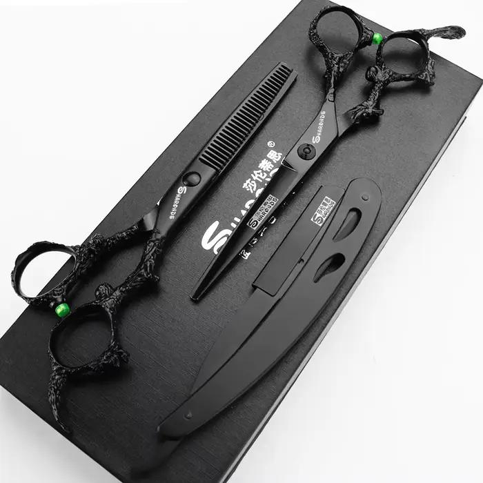 Sharonds-Ciseaux de Coupe Professionnels en Acier 440c, 6/7/8 Argent, Manche Dragon Noir, pour Salon