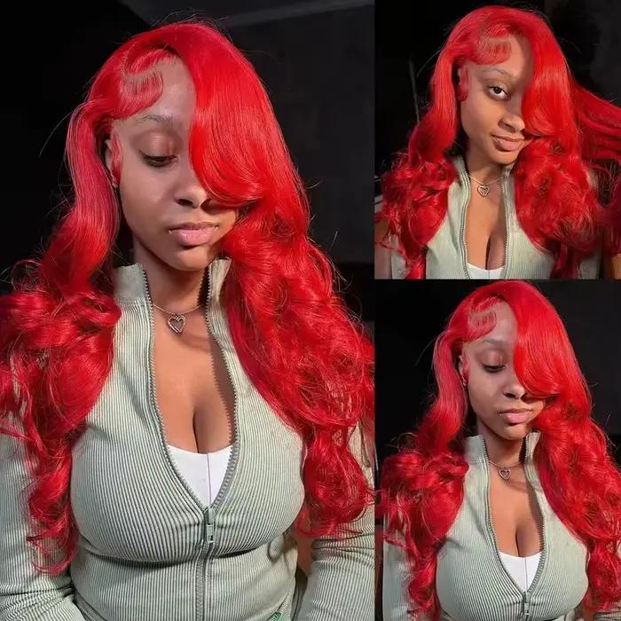 Perruque Lace Frontal Wig Body Wave brésilienne naturelle, cheveux humains Hd, couleur rouge vif, 13