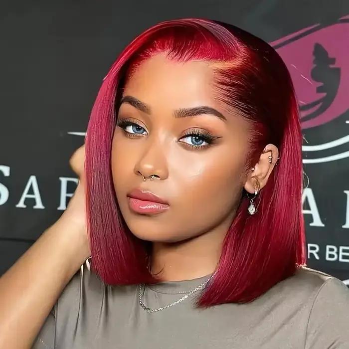 Perruques bob droites bordeaux 99J, prêtes à porter, sans colle, perruques en cheveux humains avec d