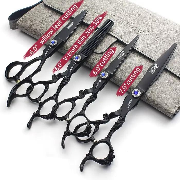 Sharonds-Ciseaux de Coupe Professionnels en Acier 440c, 6/7/8 Argent, Manche Dragon Noir, pour Salon