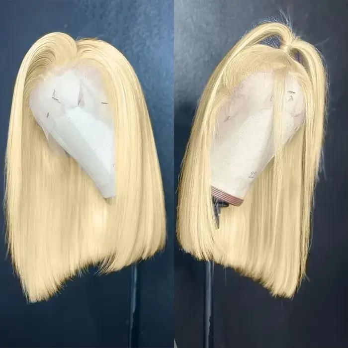 Perruque Bob Lace Frontal Wig naturelle naturelle, cheveux courts et lisses, couleur Blonde 613, 13x