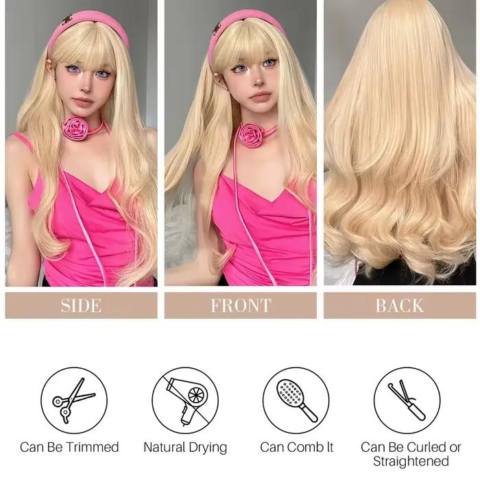 GEMMA-Perruques Synthétiques Ondulées avec Frange pour Femme, Perruque Longue, Blond Clair, Vague Na
