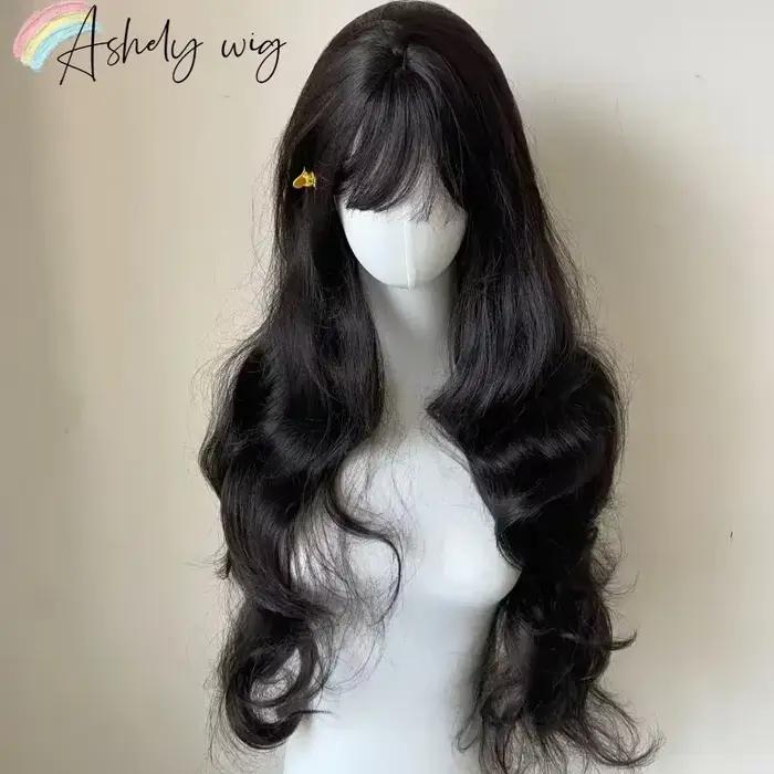 Lolita Black Wig for Women, Long Wavy Hair, Curly Wig with Bangs, Cosplay Sauna Band, Synthetic Wigs