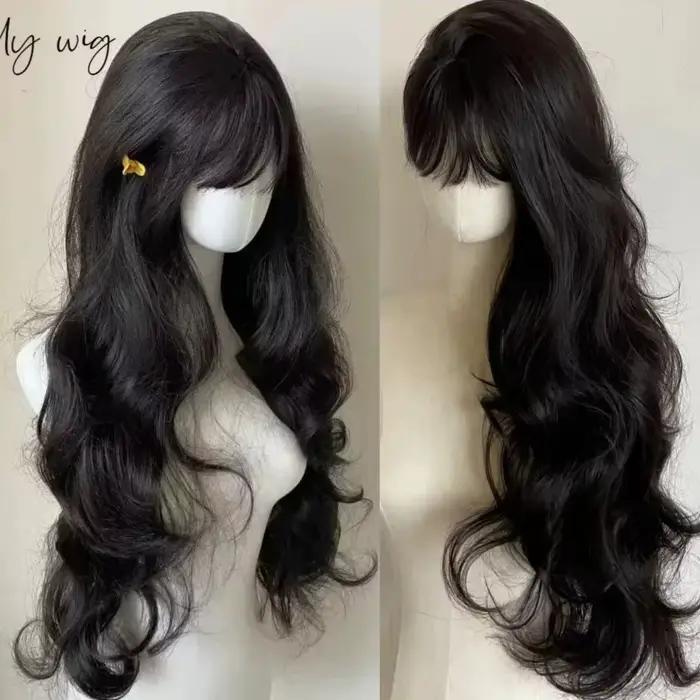 Lolita Black Wig for Women, Long Wavy Hair, Curly Wig with Bangs, Cosplay Sauna Band, Synthetic Wigs